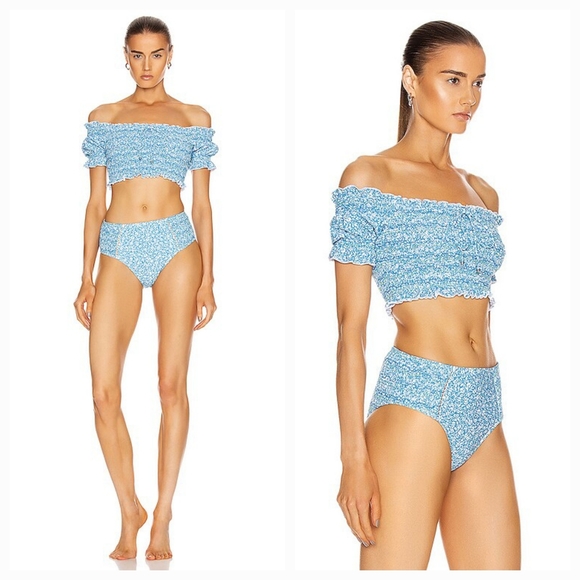 smocked off the shoulder swim top